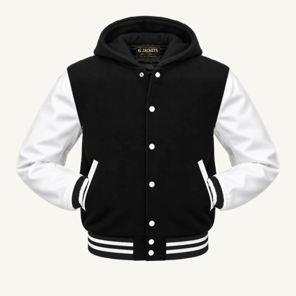 G Jackets Hooded Wool & Genuine Leather Varsity Jacket, Black/White, front view