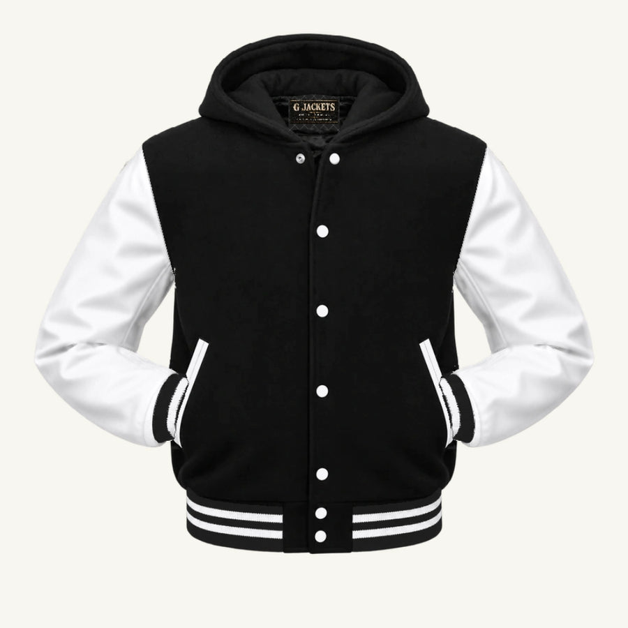 Hooded Wool & Genuine Leather Varsity Jacket