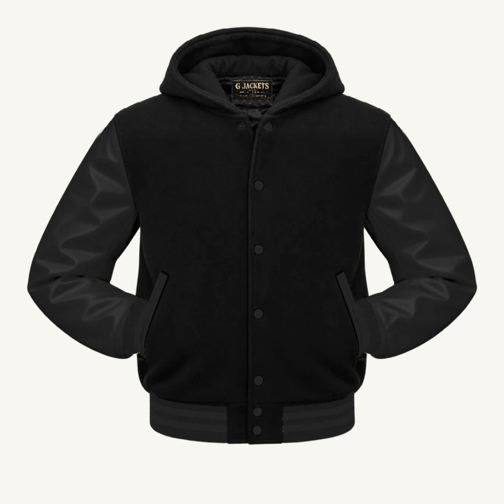 G Jackets Hooded Wool & Genuine Leather Varsity Jacket, Solid Black, front view