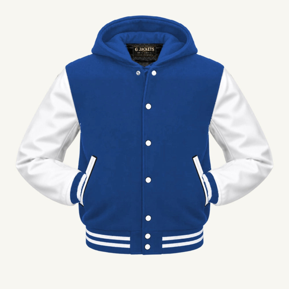 G Jackets Hooded Wool & Genuine Leather Varsity Jacket, Royal Blue/White, front view