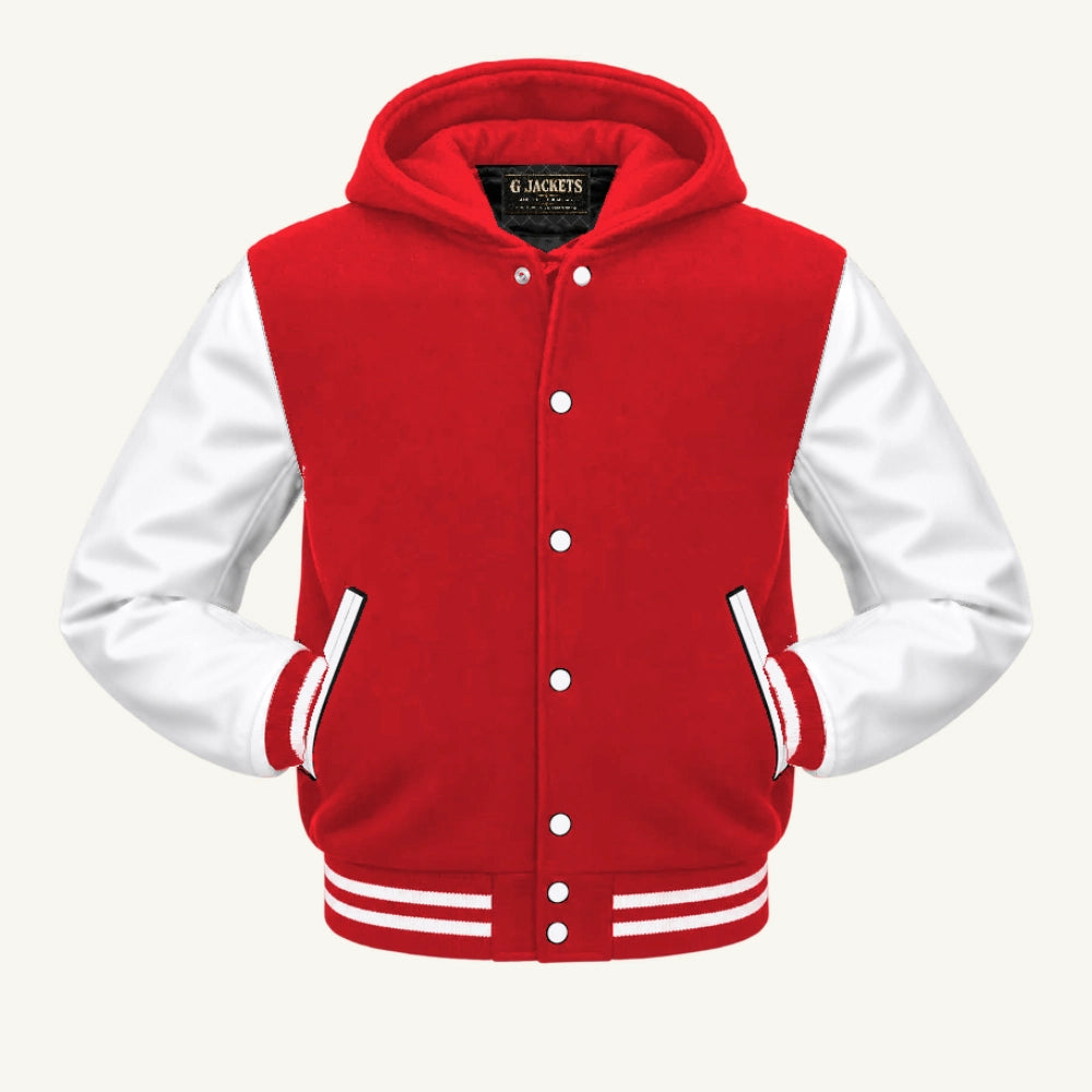 G Jackets Hooded Wool & Genuine Leather Varsity Jacket, Red/White, front view