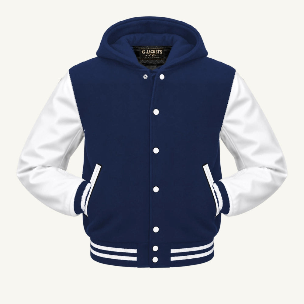 G Jackets Hooded Wool & Genuine Leather Varsity Jacket, Navy Blue/White, front view