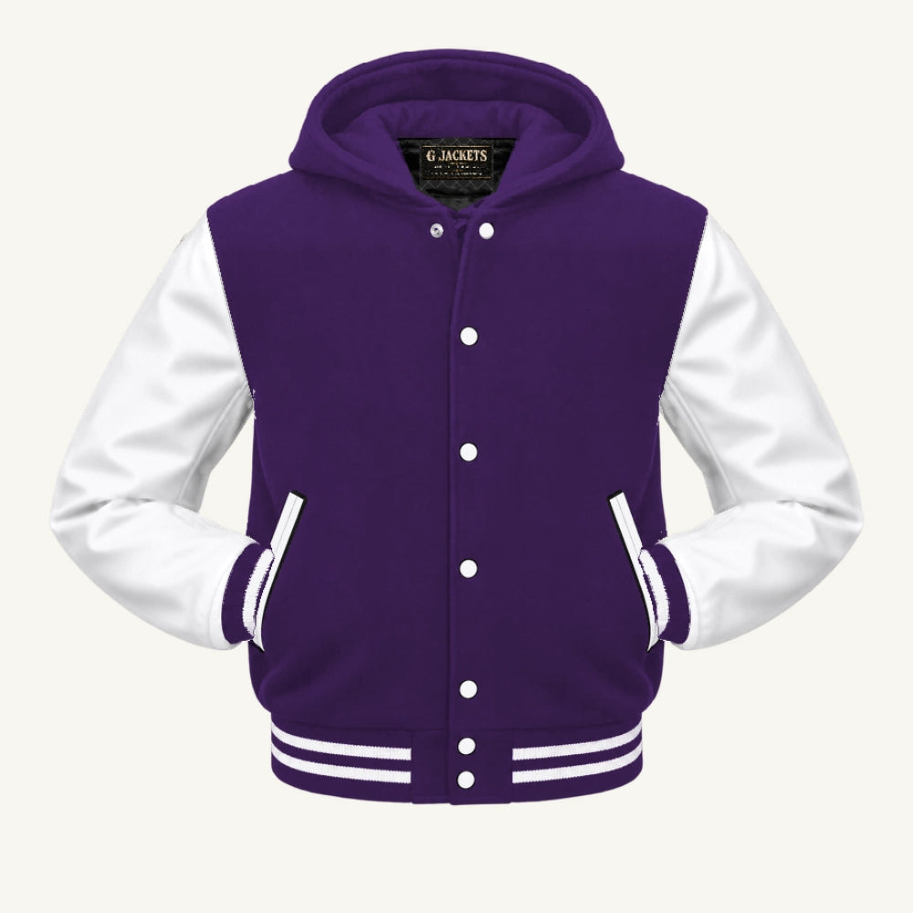 G Jackets Hooded Wool & Genuine Leather Varsity Jacket, Purple/White, front view
