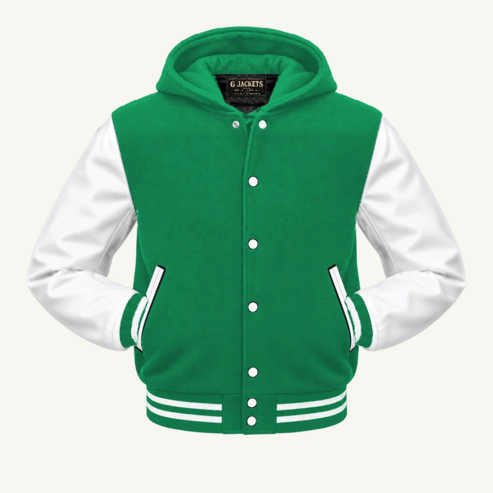 G Jackets Hooded Wool & Genuine Leather Varsity Jacket, Kelly Green/White, front view