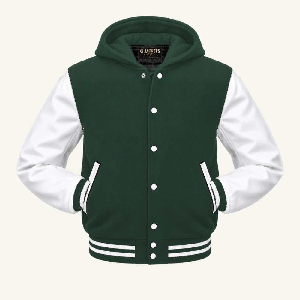 G Jackets Hooded Wool & Genuine Leather Varsity Jacket, Forest Green/White, front view