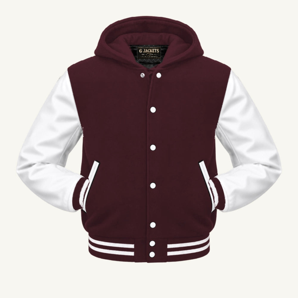 G Jackets Hooded Wool & Genuine Leather Varsity Jacket, Maroon/White, front view