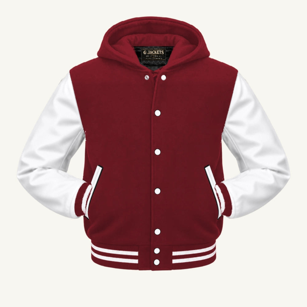 G Jackets Hooded Wool & Genuine Leather Varsity Jacket, Cardinal/White, front view