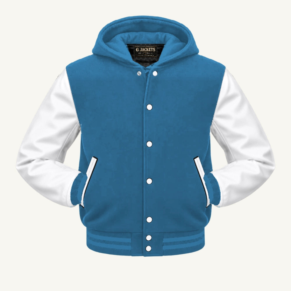 G Jackets Hooded Wool & Genuine Leather Varsity Jacket, Light Blue/White - Columbia Blue Trim, front view