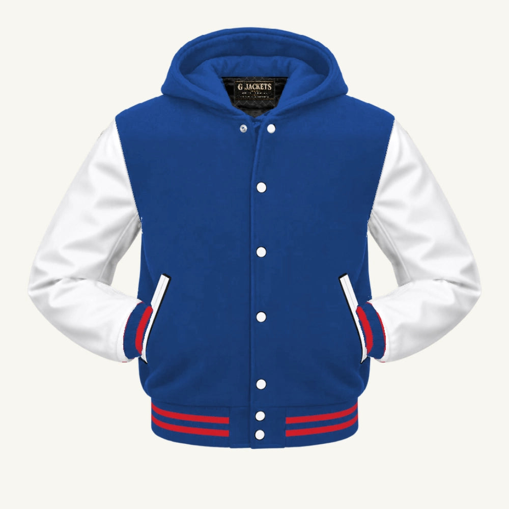 G Jackets Hooded Wool & Genuine Leather Varsity Jacket, Royal Blue/White - Red Trim, front view