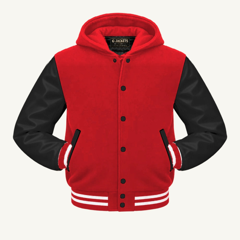 G Jackets Hooded Wool & Genuine Leather Varsity Jacket, Red/Black - White Trim, front view