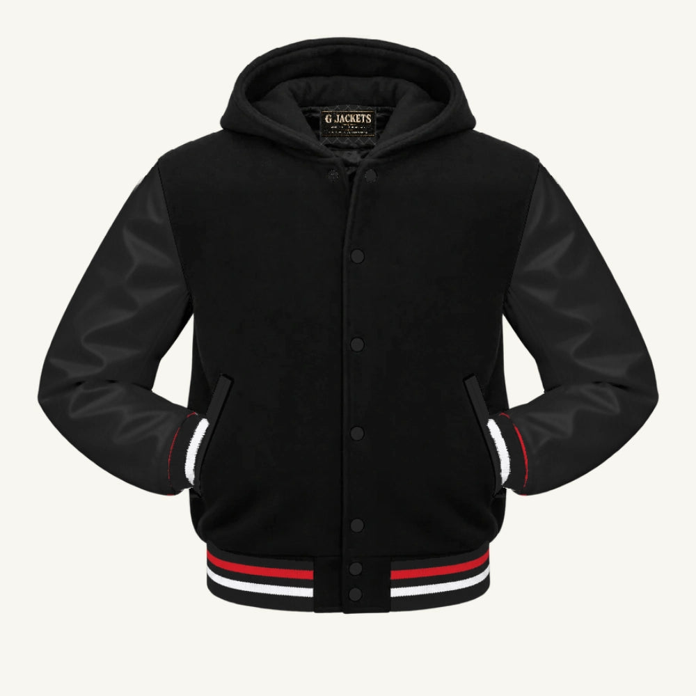 G Jackets Hooded Wool & Genuine Leather Varsity Jacket, Black/Black - Red/White Trim, front view