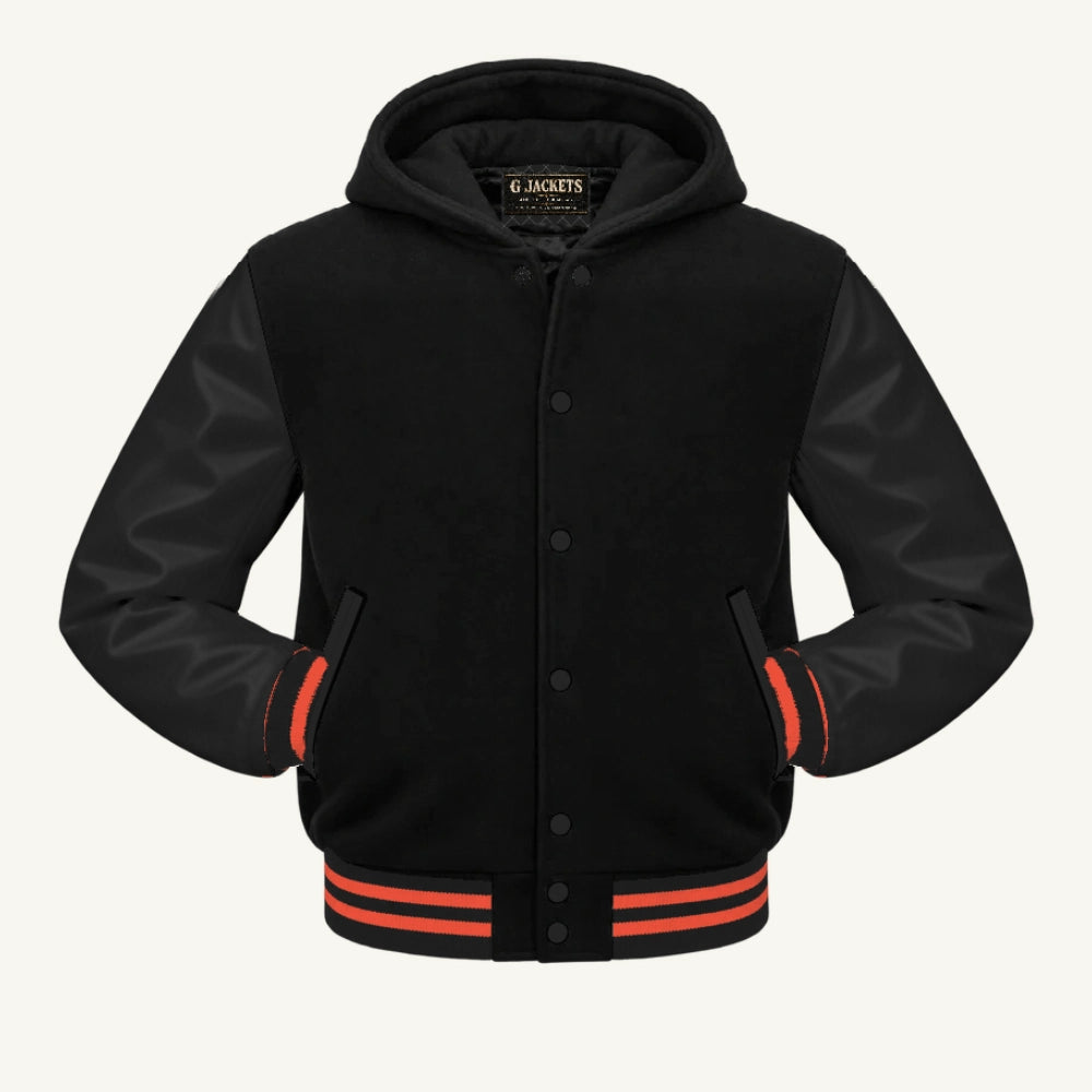 G Jackets Hooded Wool & Genuine Leather Varsity Jacket, Black/Black - Orange Trim, front view