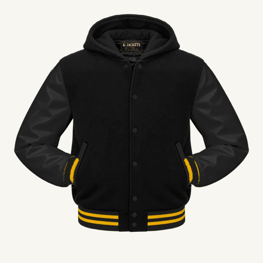G Jackets Hooded Wool & Genuine Leather Varsity Jacket, Black/Black - Gold Trim, front view