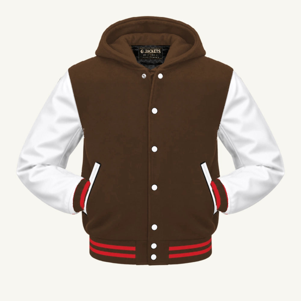 G Jackets Hooded Wool & Genuine Leather Varsity Jacket, Brown/White - Red Trim, front view