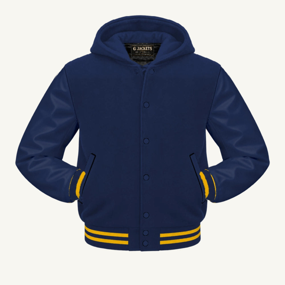 G Jackets Hooded Wool & Genuine Leather Varsity Jacket, Navy Blue/Navy Blue - Gold Trim, front view