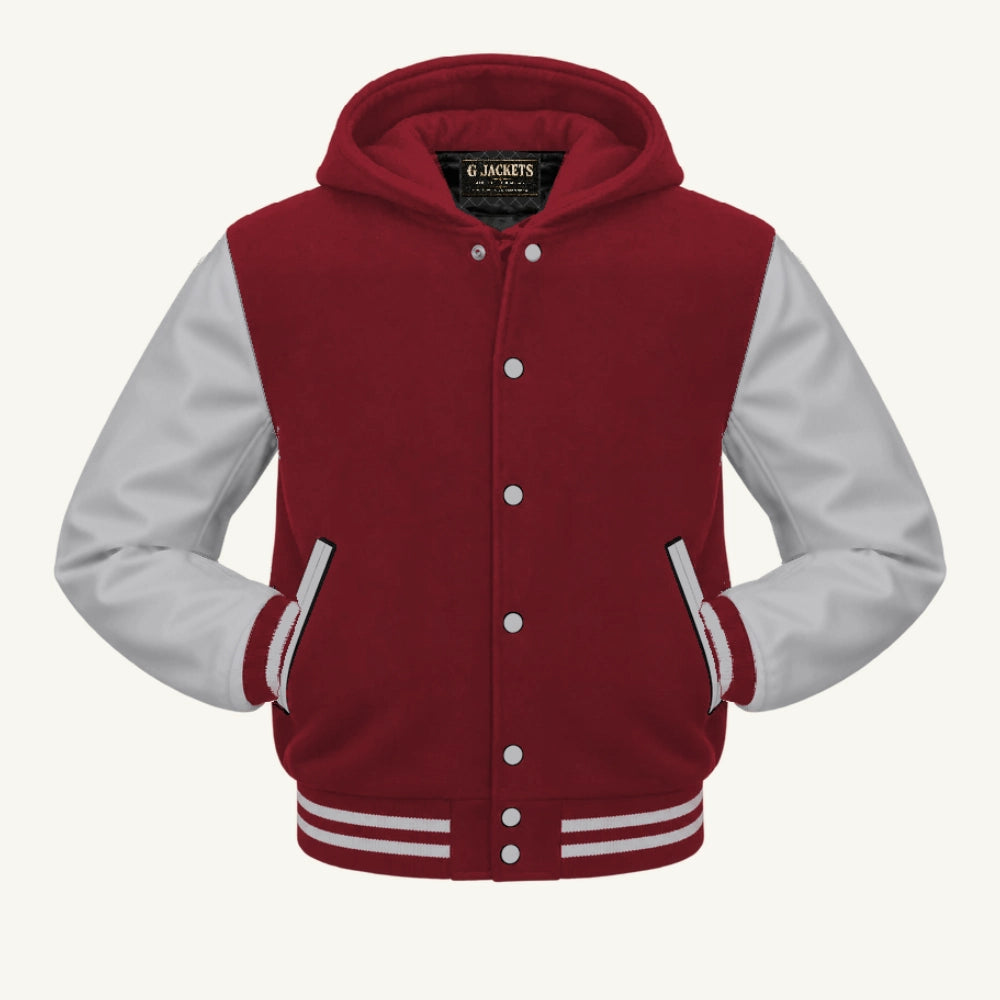 G Jackets Hooded Wool & Genuine Leather Varsity Jacket, Cardinal/Grey, front view