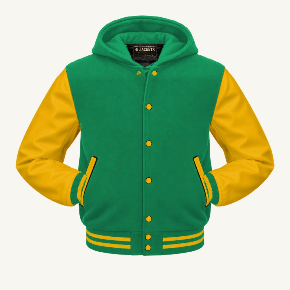G Jackets Hooded Wool & Genuine Leather Varsity Jacket, Kelly Green/Gold, front view