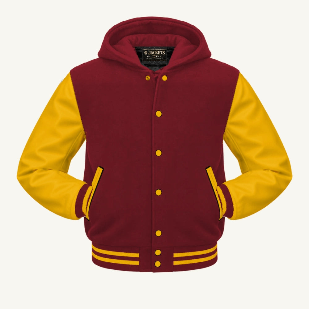 G Jackets Hooded Wool & Genuine Leather Varsity Jacket, Cardinal/Gold, front view