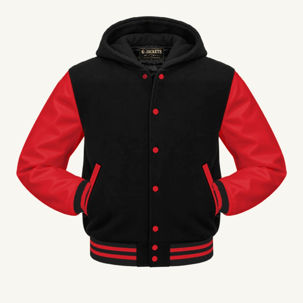 G Jackets Hooded Wool & Genuine Leather Varsity Jacket, Black/Red, front view