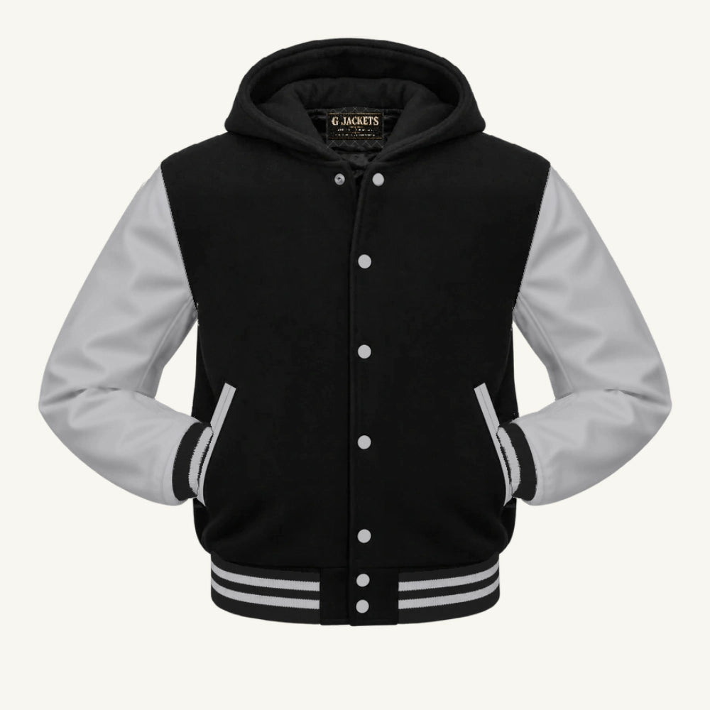 G Jackets Hooded Wool & Genuine Leather Varsity Jacket, Black/Grey, front view