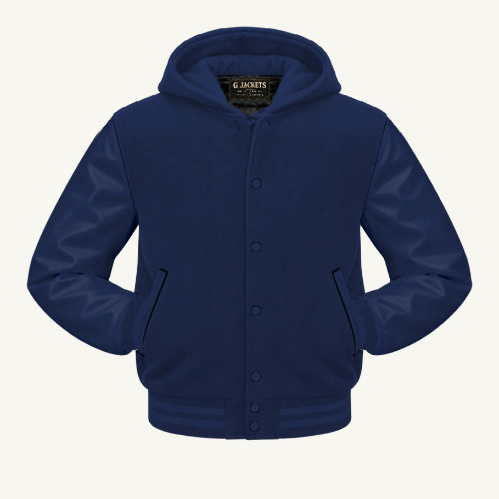 G Jackets Hooded Wool & Genuine Leather Varsity Jacket, Solid Navy, front view