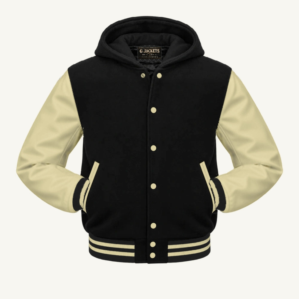 G Jackets Hooded Wool & Genuine Leather Varsity Jacket, Black/Natural - Cream Trim, front view