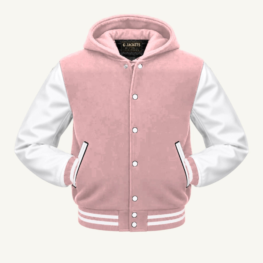 G Jackets Hooded Wool & Genuine Leather Varsity Jacket, Pink/White, front view