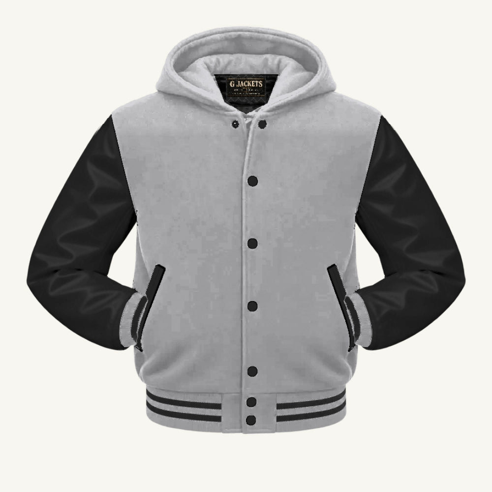 G Jackets Hooded Wool & Genuine Leather Varsity Jacket, Grey/Black, front view