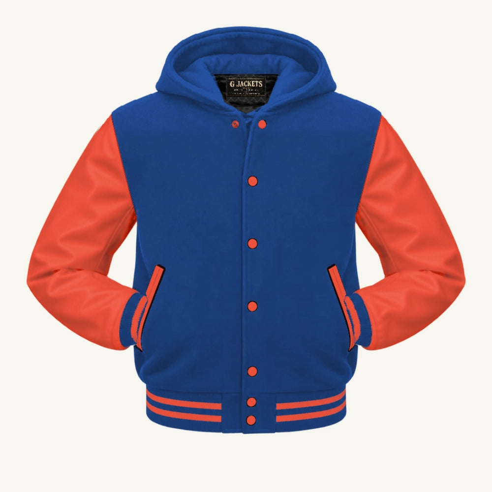G Jackets Hooded Wool & Genuine Leather Varsity Jacket, Royal Blue/Orange, front view