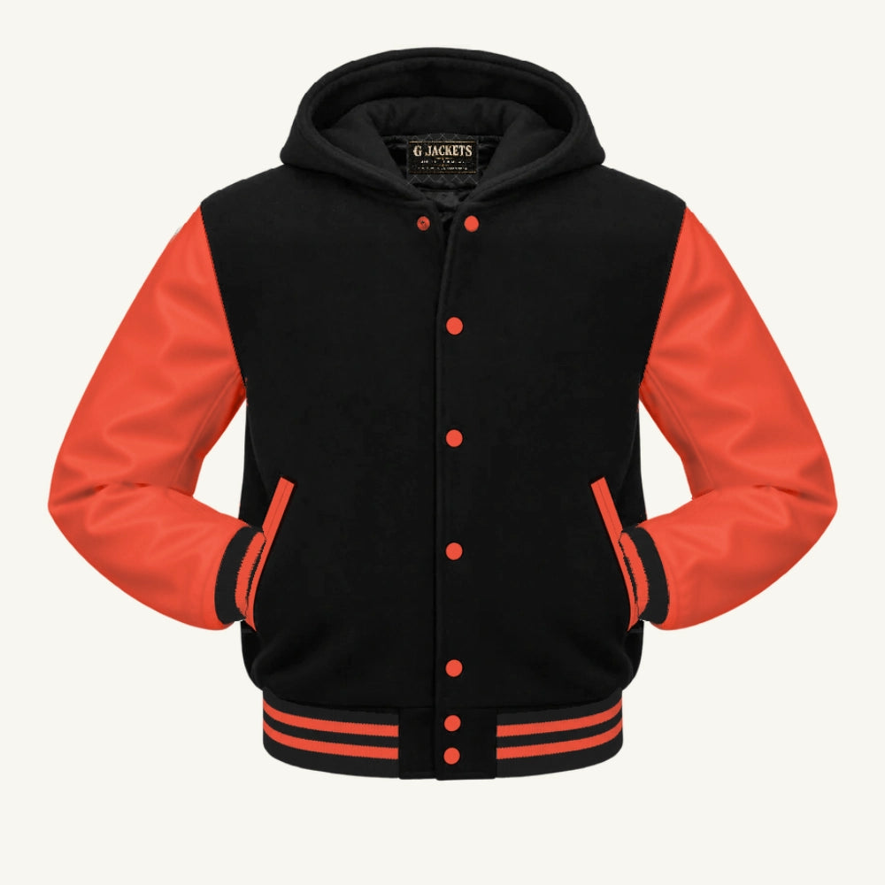 G Jackets Hooded Wool & Genuine Leather Varsity Jacket, Black/Orange, front view