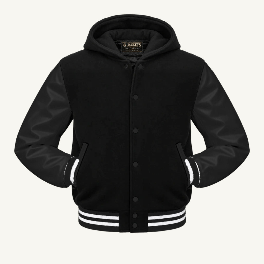 G Jackets Hooded Wool & Genuine Leather Varsity Jacket, Black/Black - White Trim, front view