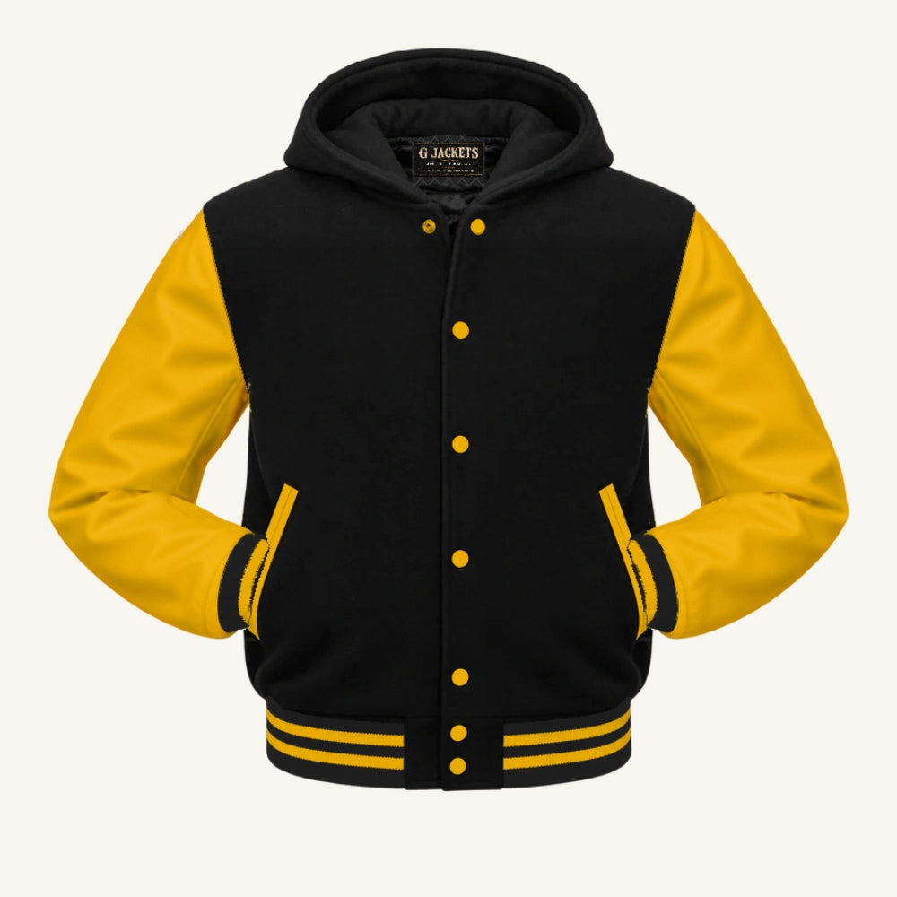 G Jackets Hooded Wool & Genuine Leather Varsity Jacket, Black/Gold, front view