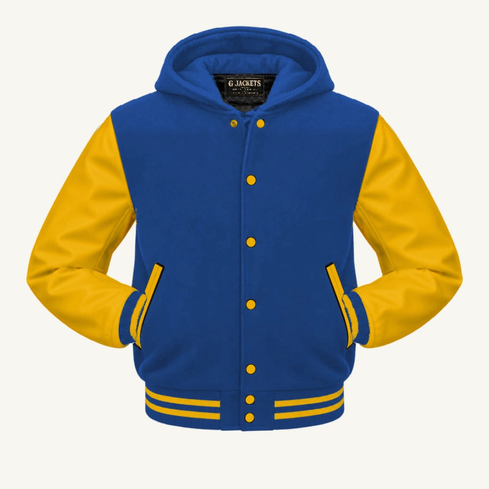G Jackets Hooded Wool & Genuine Leather Varsity Jacket, Royal Blue/Gold, front view