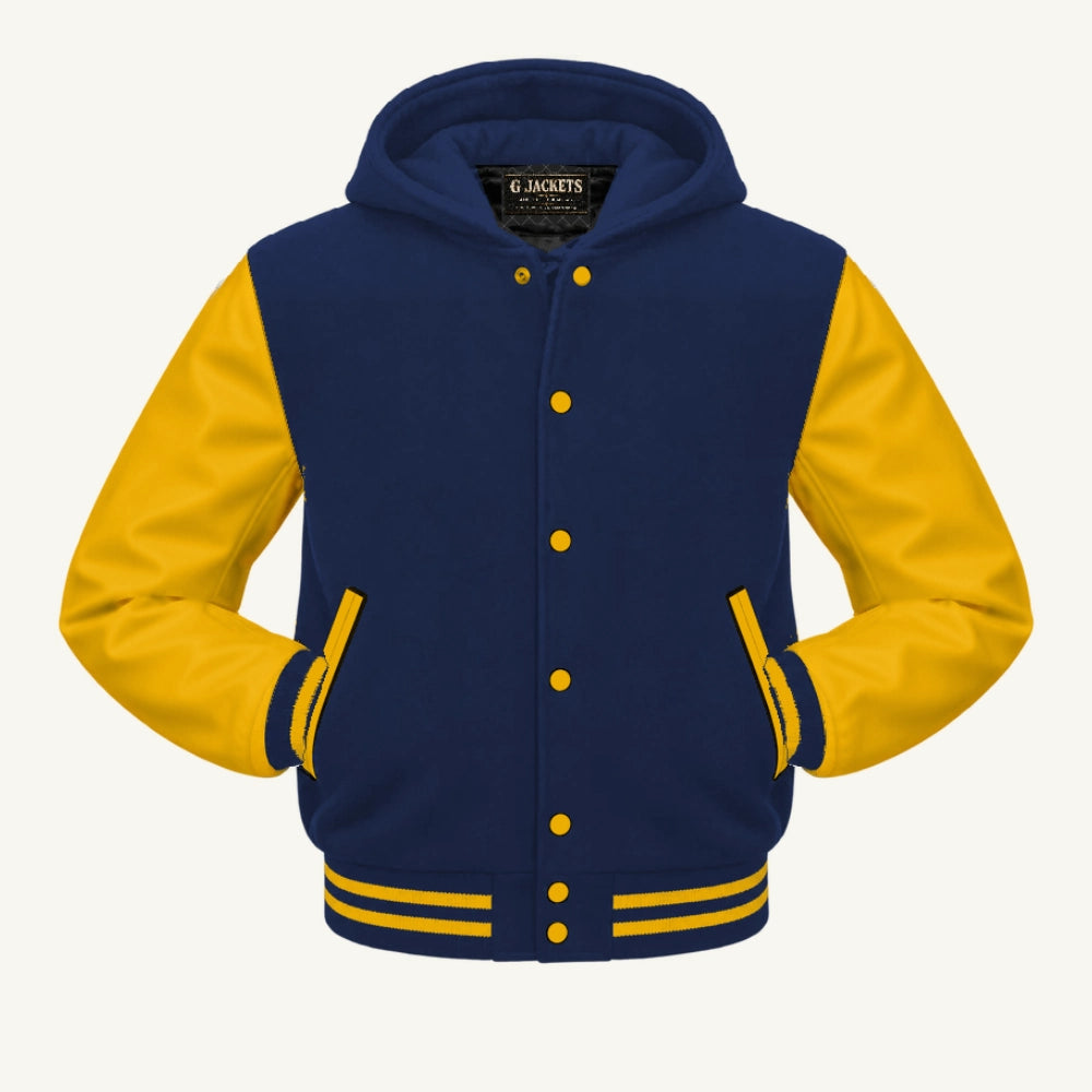 G Jackets Hooded Wool & Genuine Leather Varsity Jacket, Navy Blue/Gold, front view
