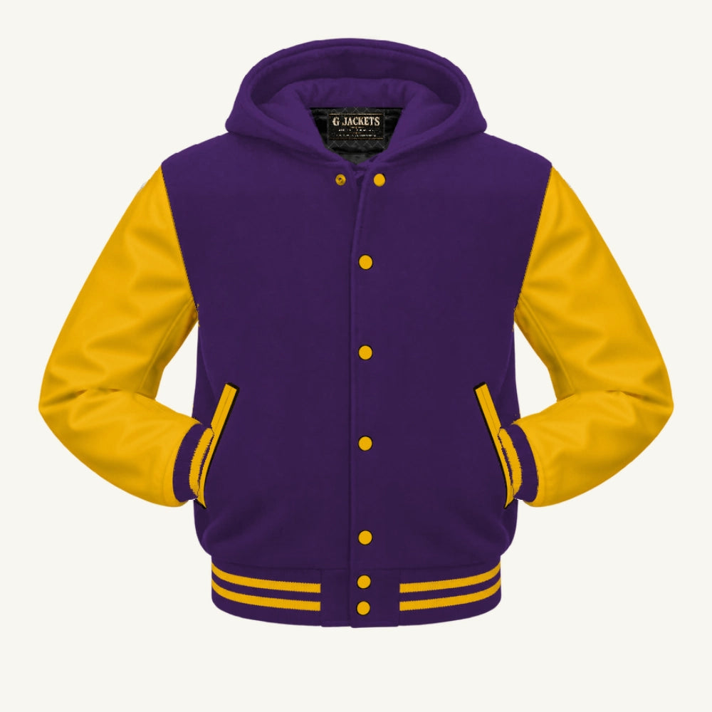 G Jackets Hooded Wool & Genuine Leather Varsity Jacket, Purple/Gold, front view