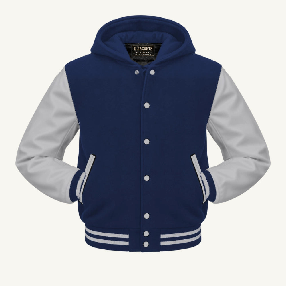 G Jackets Hooded Wool & Genuine Leather Varsity Jacket, Navy Blue/Grey, front view