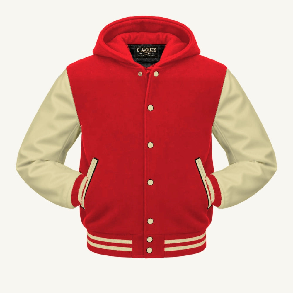 G Jackets Hooded Wool & Genuine Leather Varsity Jacket, Red/Natural - Cream Trim, front view