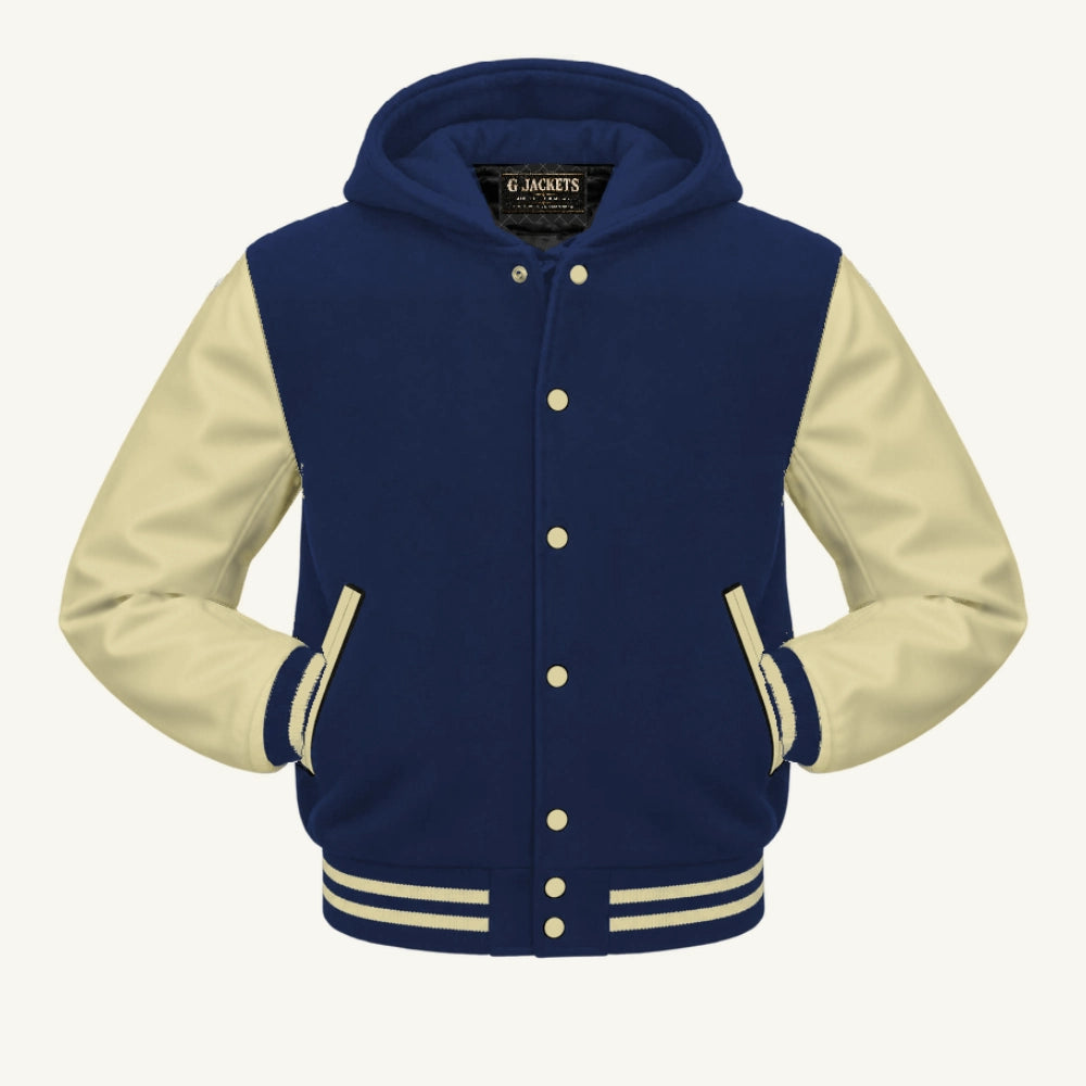 G Jackets Hooded Wool & Genuine Leather Varsity Jacket, Navy Blue/Natural, front view