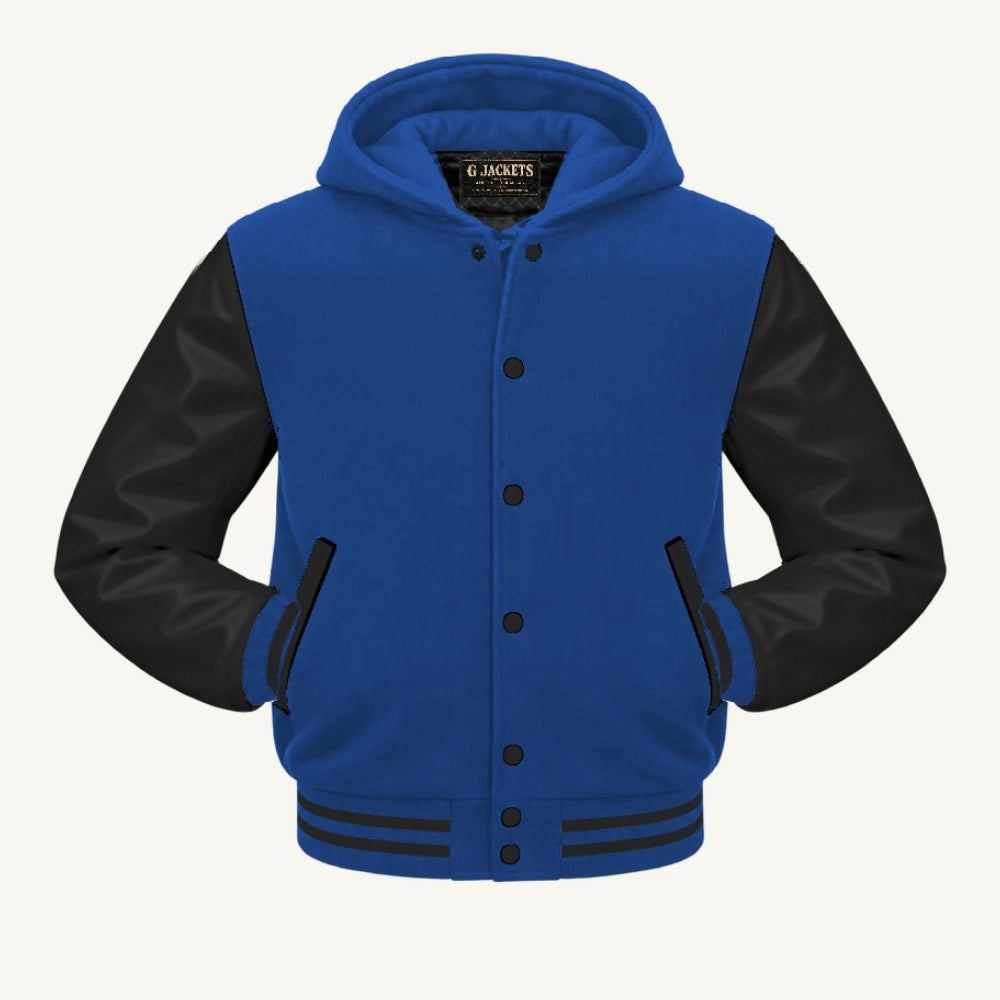 G Jackets Hooded Wool & Genuine Leather Varsity Jacket, Royal Blue/Black, front view