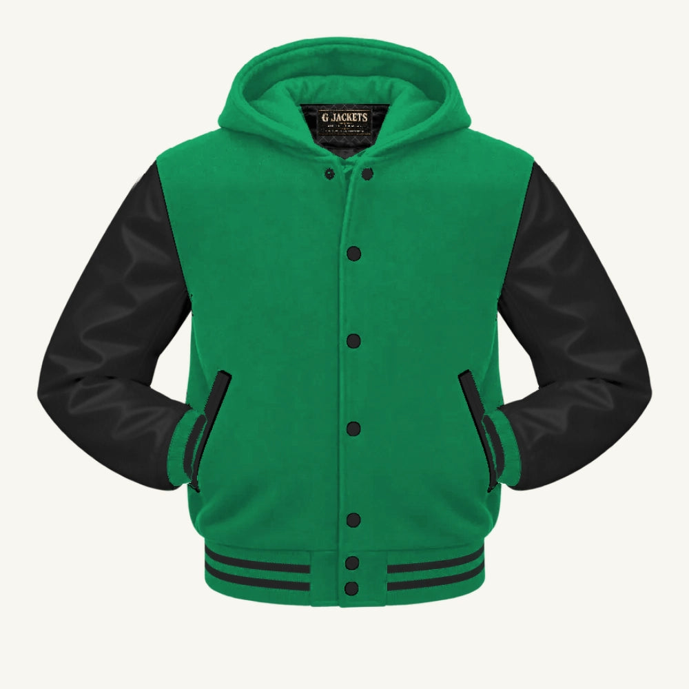 G Jackets Hooded Wool & Genuine Leather Varsity Jacket, Kelly Green/Black, front view