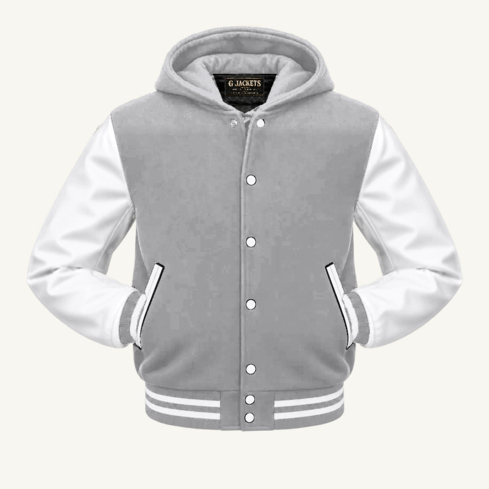 G Jackets Hooded Wool & Genuine Leather Varsity Jacket, Grey/White, front view
