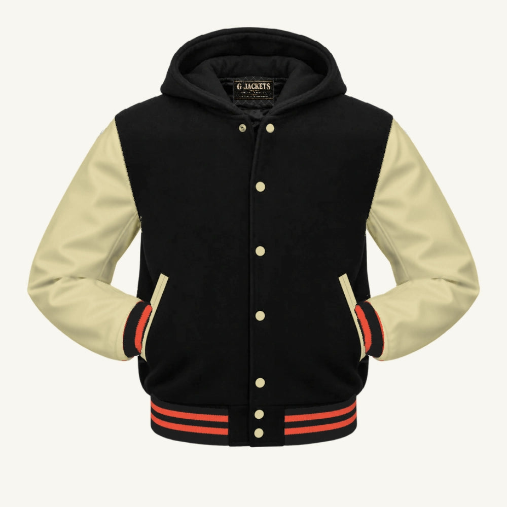 G Jackets Hooded Wool & Genuine Leather Varsity Jacket, Black/Natural - Orange Trim, front view