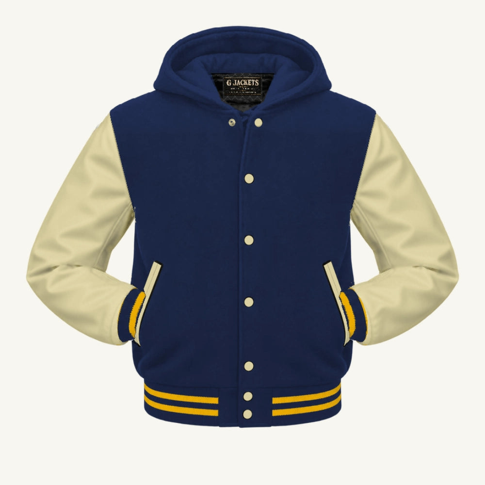 G Jackets Hooded Wool & Genuine Leather Varsity Jacket, Navy Blue/Natural - Gold Trim, front view