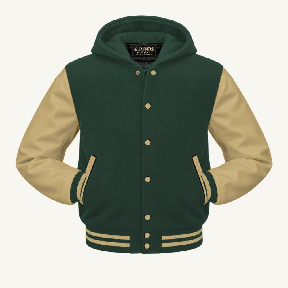 G Jackets Hooded Wool & Genuine Leather Varsity Jacket, Forest Green/Tan, front view