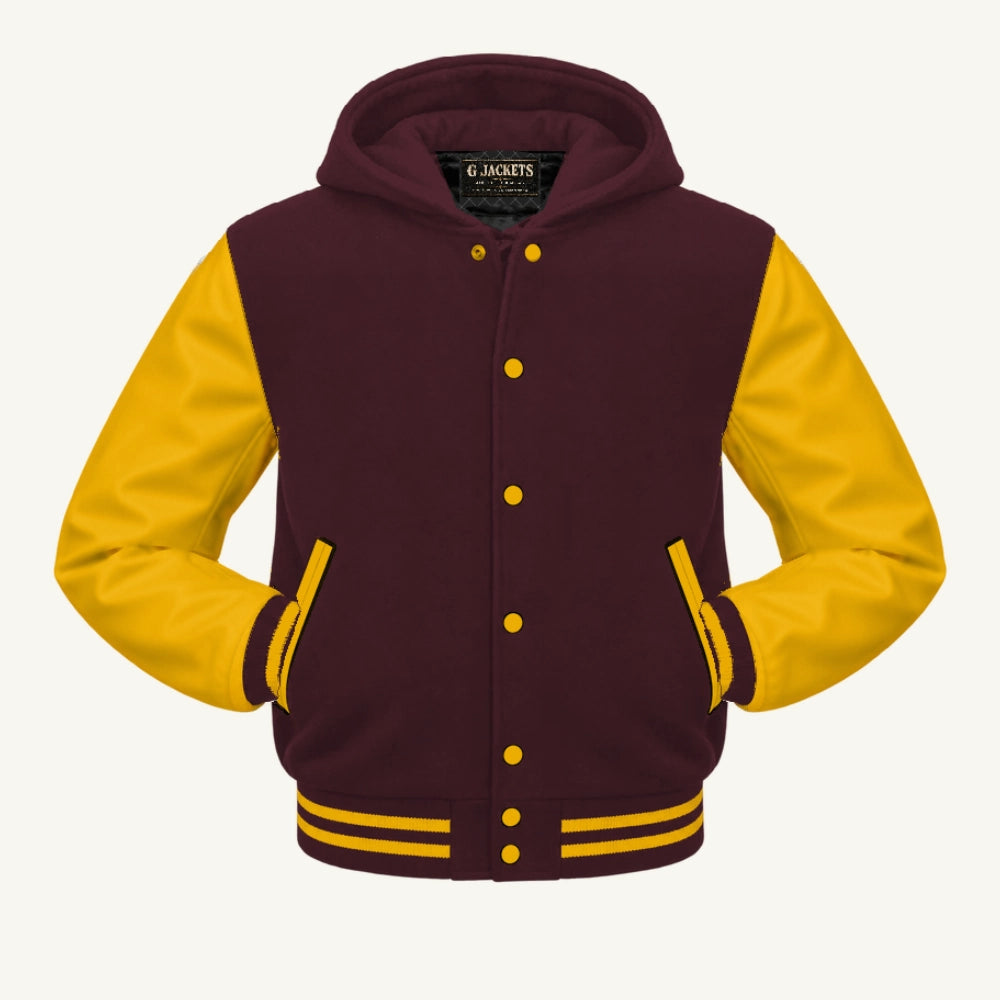 G Jackets Hooded Wool & Genuine Leather Varsity Jacket, Maroon/Gold, front view