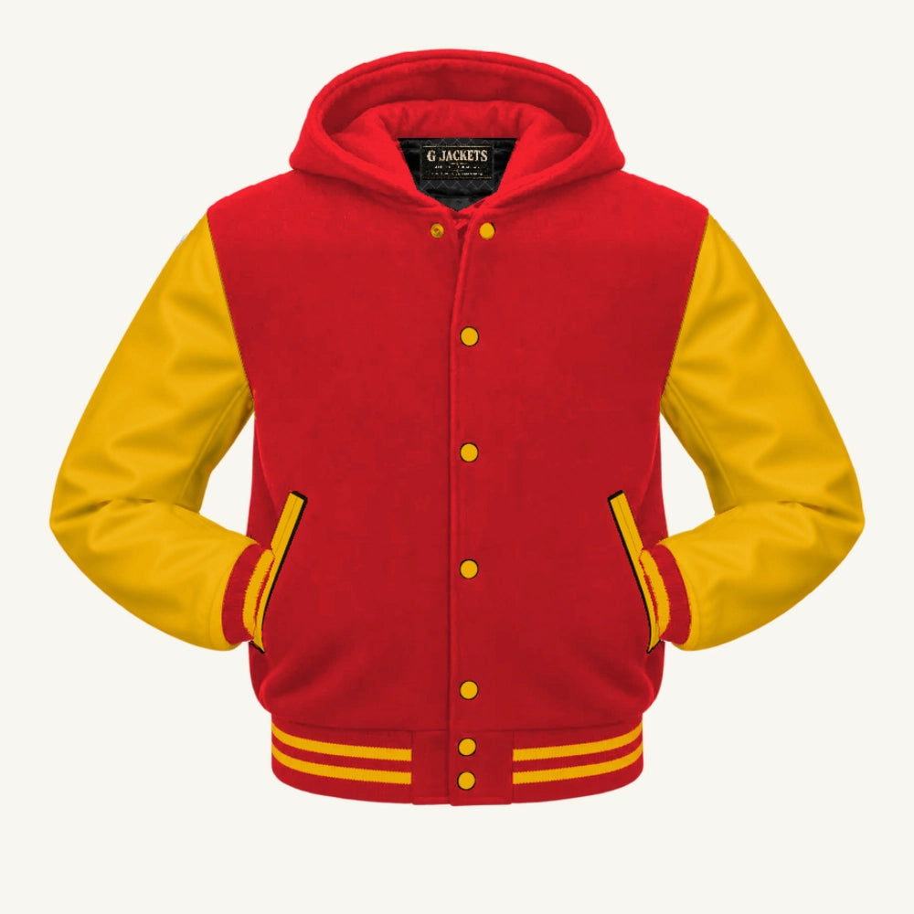 G Jackets Hooded Wool & Genuine Leather Varsity Jacket, Red/Gold, front view