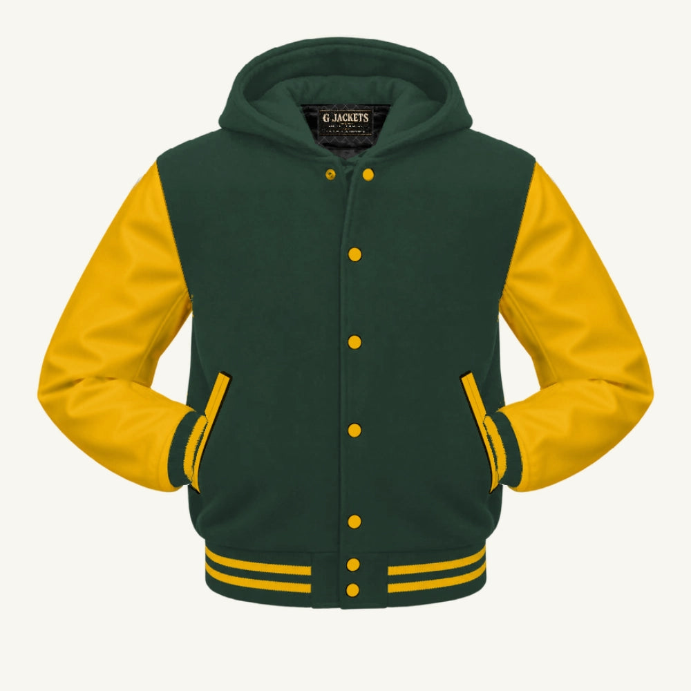 G Jackets Hooded Wool & Genuine Leather Varsity Jacket, Forest Green/Gold, front view