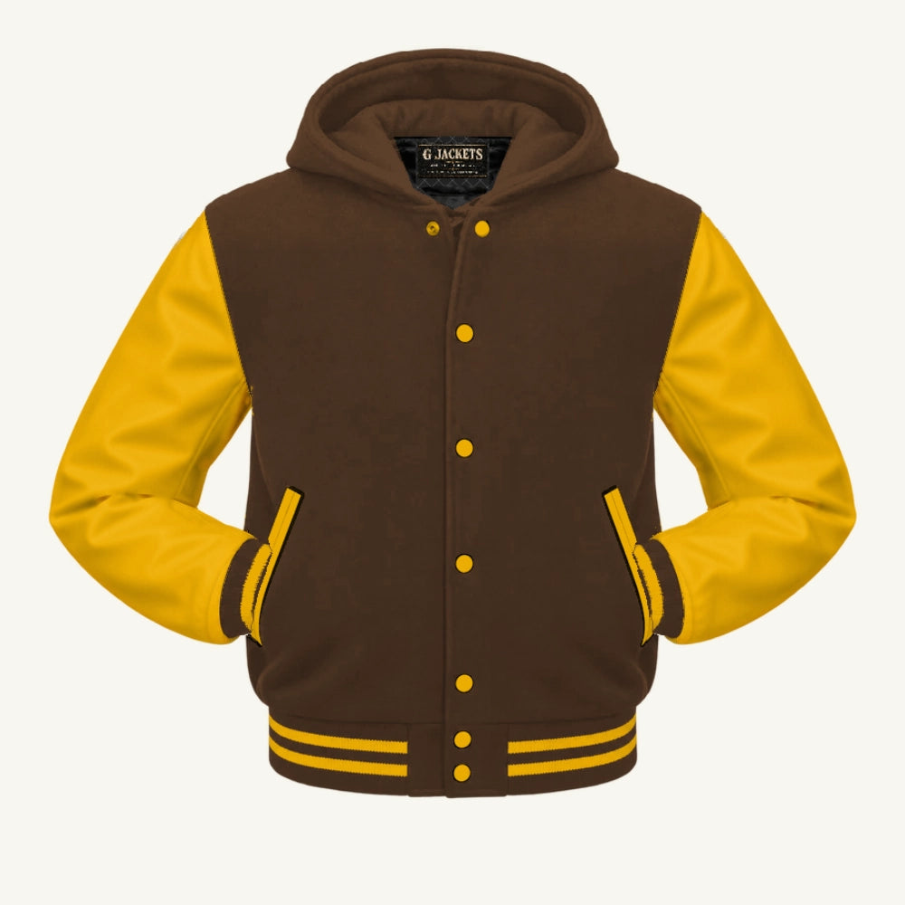 G Jackets Hooded Wool & Genuine Leather Varsity Jacket, Brown/Gold, front view