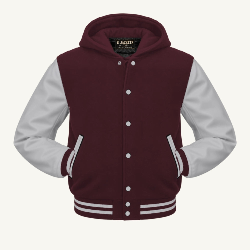 G Jackets Hooded Wool & Genuine Leather Varsity Jacket, Maroon/Grey, front view