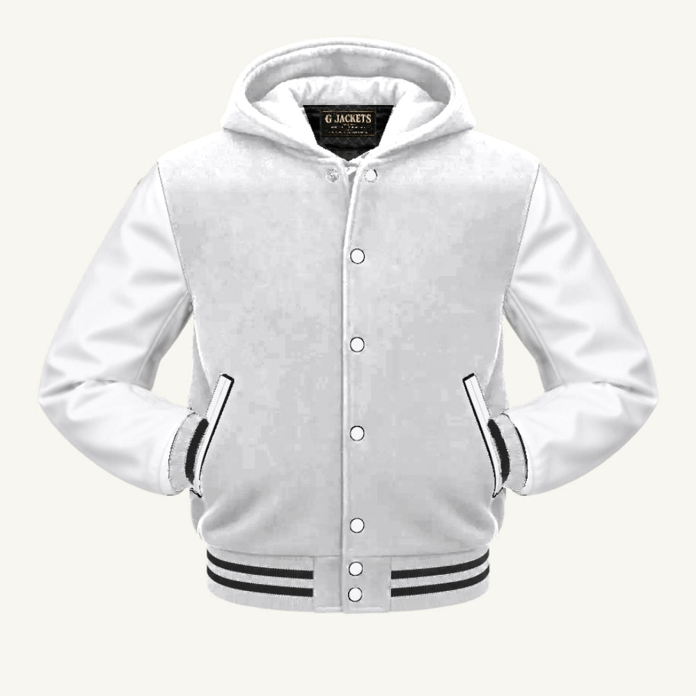 G Jackets Hooded Wool & Genuine Leather Varsity Jacket, White/White - Black Trim, front view